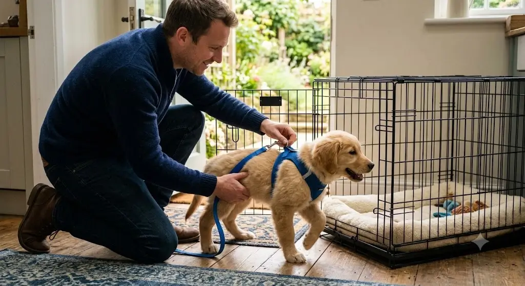 A dog owner kneels and gently attaches a blue leash to a golden retriever puppy's harness as it exits its crate, preparing for an outdoor bathroom trip