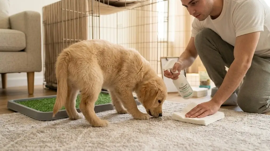 Cleaning up a puppy accident using an enzymatic spray and paper towels near a designated indoor potty pad