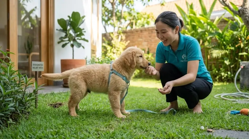Owner immediately giving a high-value treat and enthusiastic praise to a puppy on grass after going potty