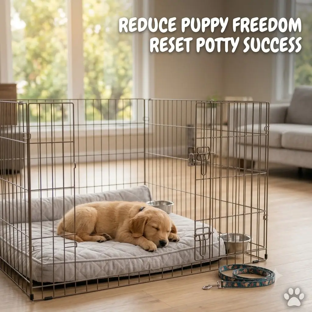 Puppy resting safely in a gated playpen area to prevent indoor accidents