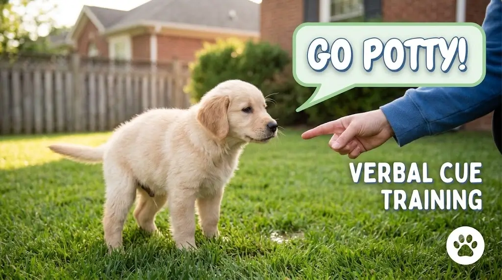 Owner using verbal potty cue and training puppy outside on grass