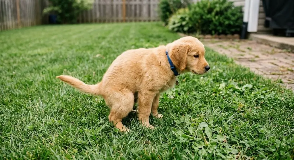 Golden retriever puppy squatting to eliminate on grass outdoors