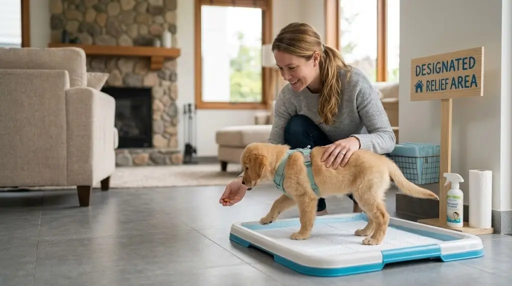 A dedicated indoor puppy bathroom station with a non-slip pad tray set up on tile flooring