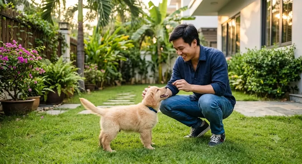Dog owner praising and giving a treat to a puppy for successful outdoor potty