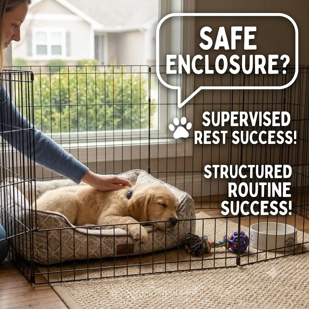 Puppy resting safely in an indoor playpen under close supervision