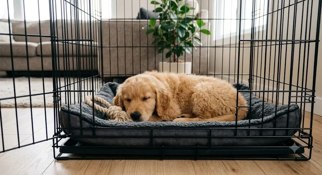 Puppy resting comfortably inside a crate sized to allow standing and turning