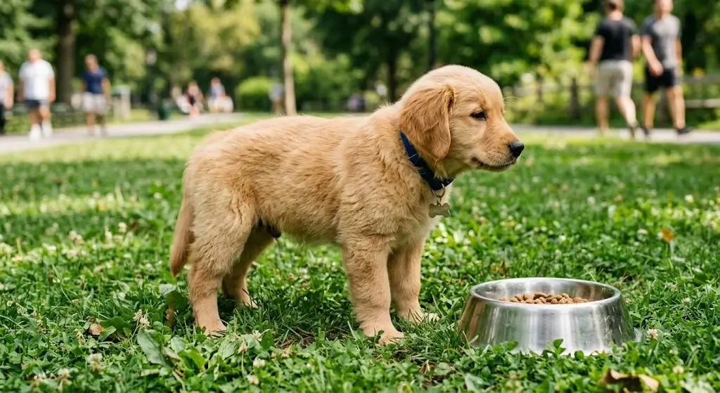 Puppy standing near a metal food bowl