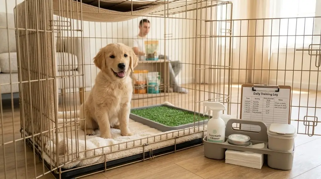 Puppy crate setup with indoor potty area, cleanup supplies, and daily training log