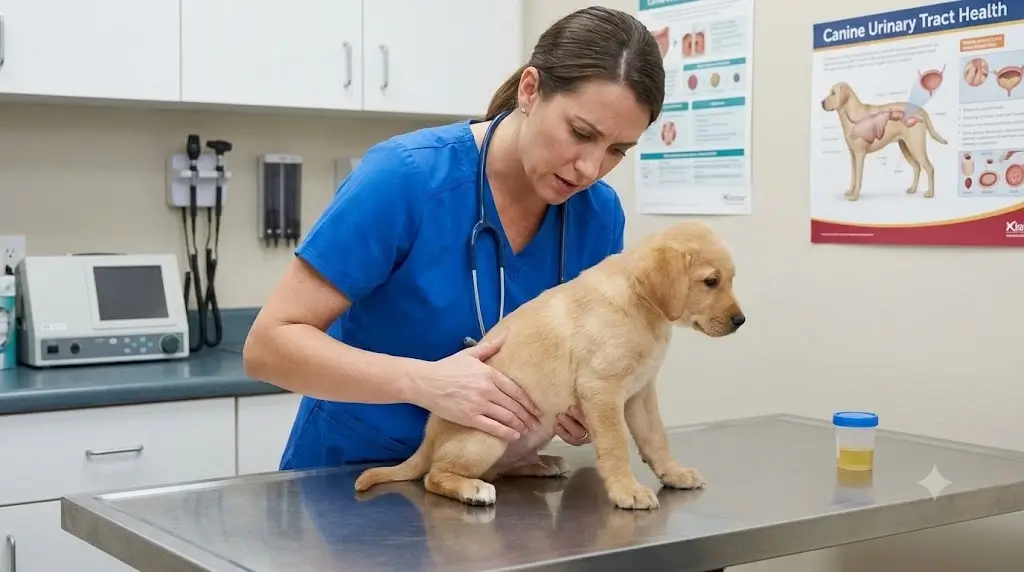 Veterinarian examining a small puppy on an exam table to rule out urinary health issues