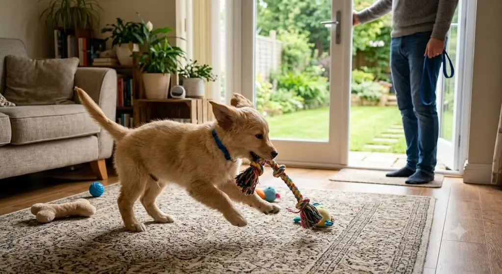 Puppy playing actively before being taken out for a scheduled potty break