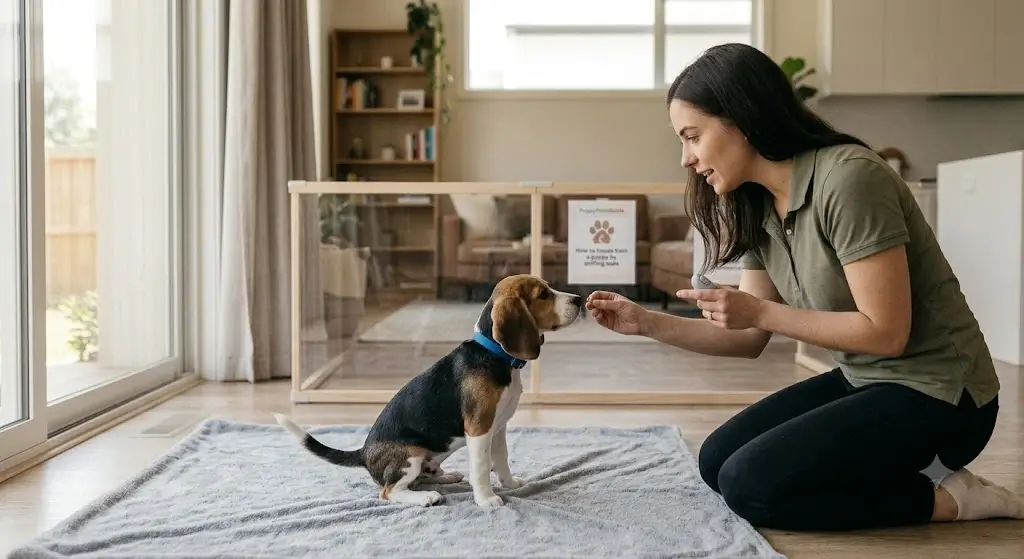 Owner rewarding a dog while learning how to house train a puppy