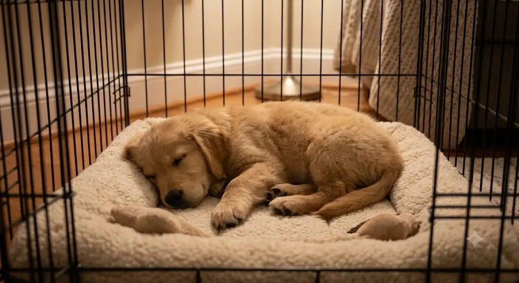 Young golden puppy peacefully sleeping on a soft bed inside a wire crate