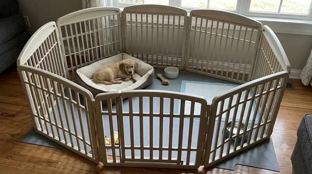 Puppy resting safely in a pen to prevent sudden indoor accidents