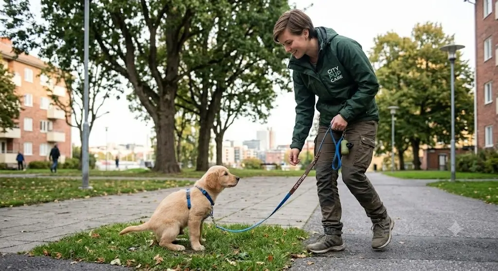 A professional dog walker taking a puppy outside for a scheduled bathroom break