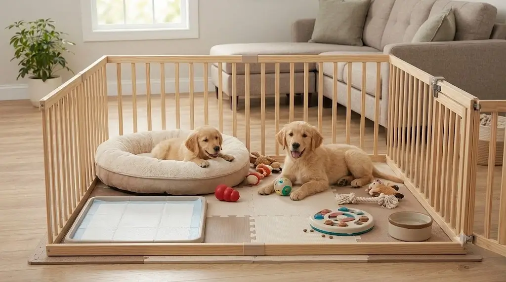 Puppy resting and playing in a safe exercise pen confinement area with bed, toys, and pad setup