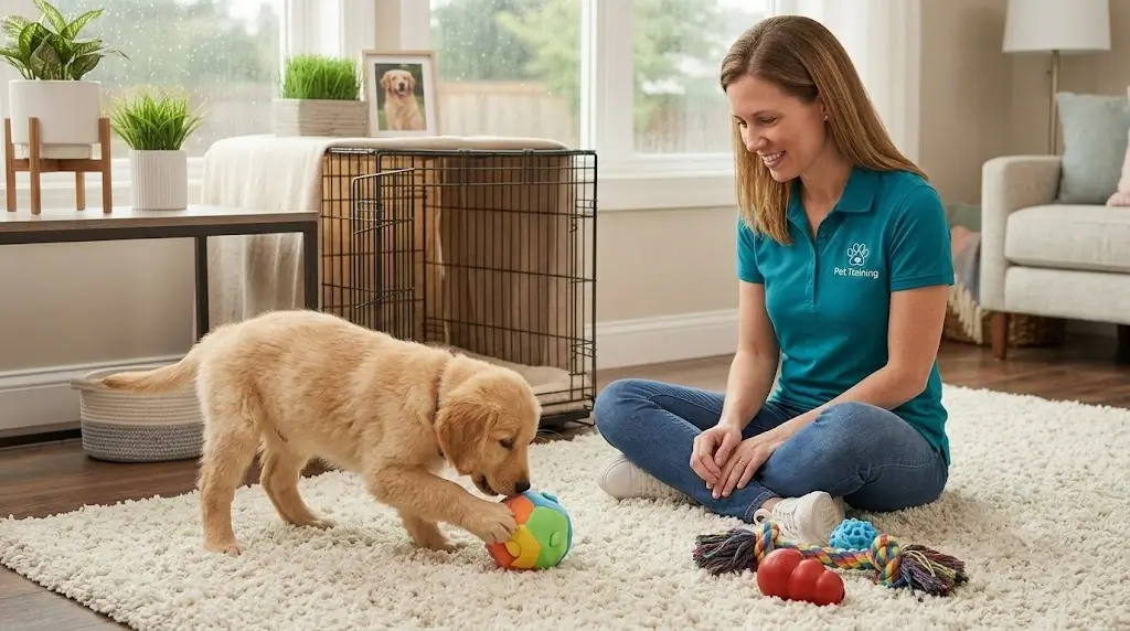 Puppy playing in a puppy-proofed living room under close adult supervision