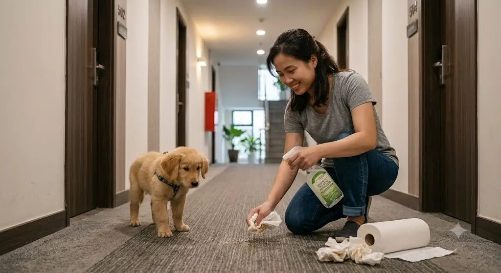 Pet owner cleaning up a puppy accident in an apartment hallway with paper towels and spray