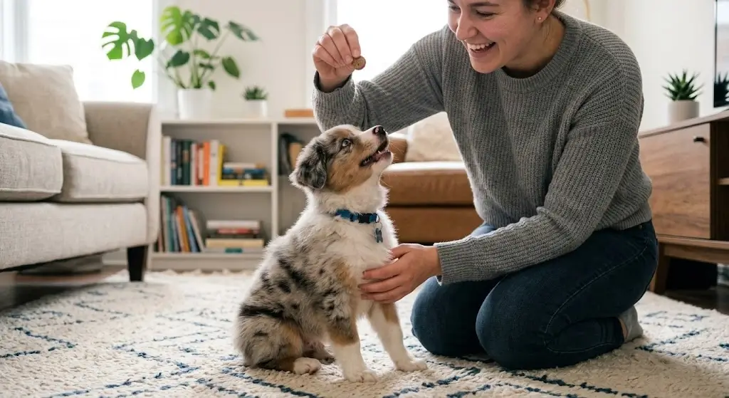 Rewarding a puppy with a treat during training