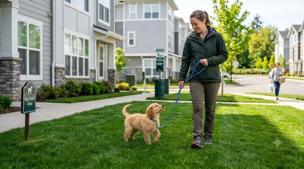 A professional woman giving her puppy a midday potty break outdoors