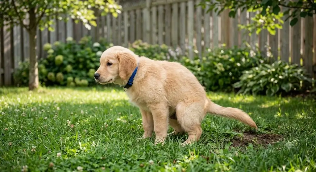 Golden retriever puppy squatting to eliminate on grass outdoors