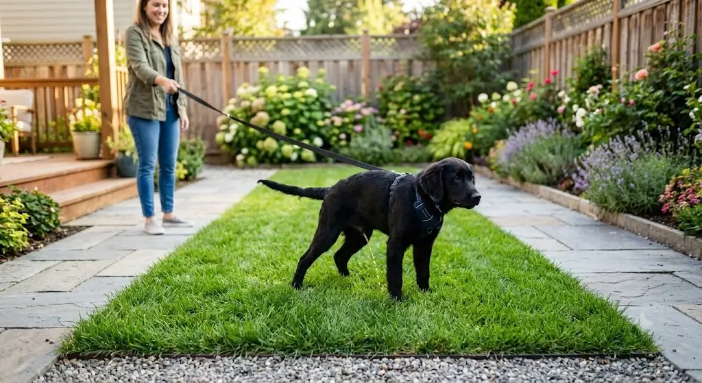 A reliable puppy successfully using the designated grass area outside