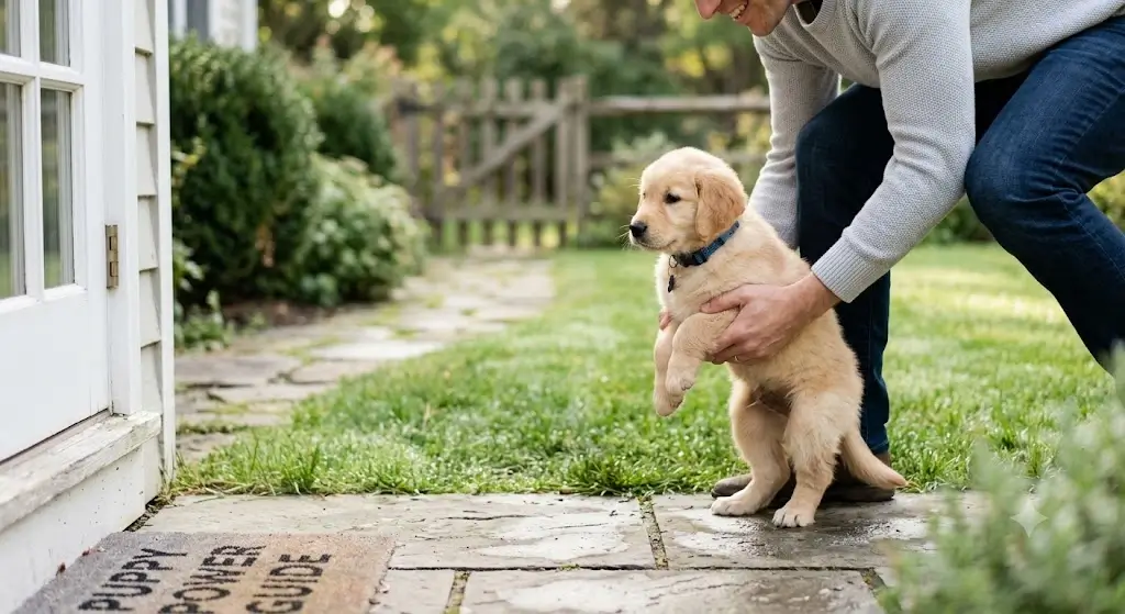 8-week-old puppy taken outside immediately for a potty break