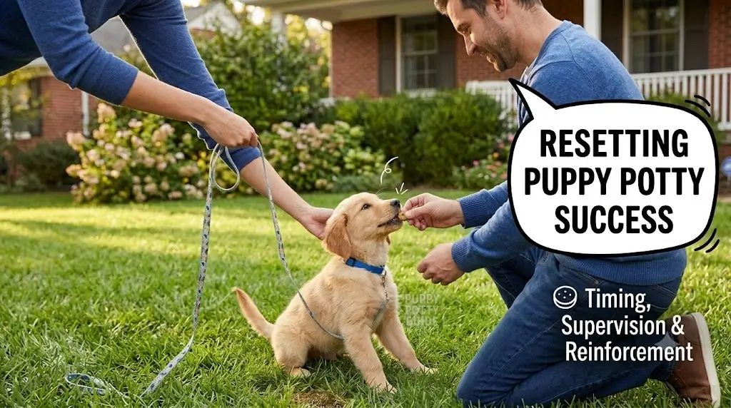 Owner rewarding a puppy with a treat right after going potty outside