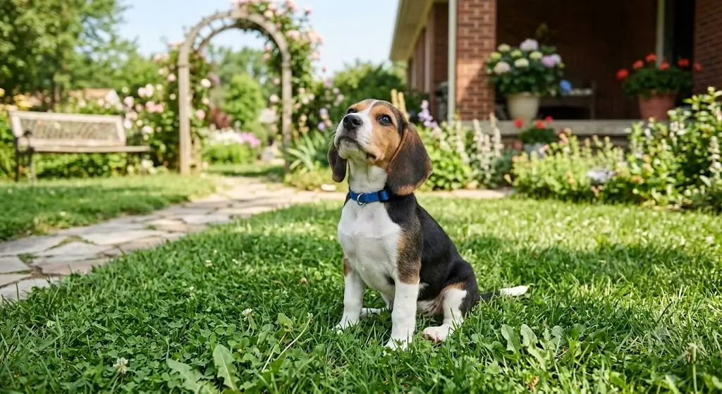 Puppy outdoors in grass ready for potty training
