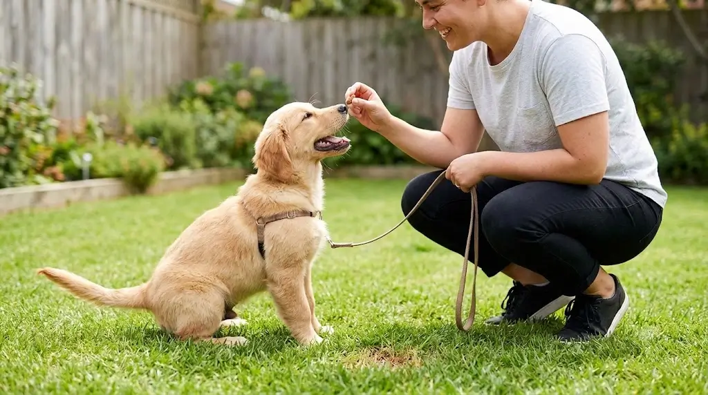 Dog owner giving treat to puppy right after outdoor elimination