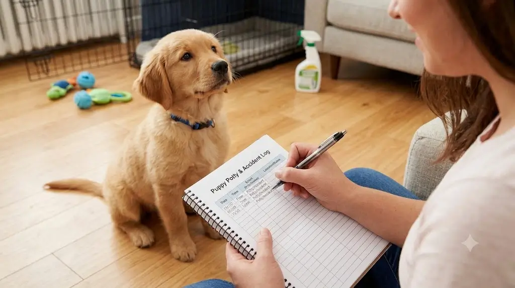 Dog owner writing in a daily accident log and potty schedule