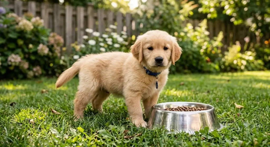 Puppy standing near a metal food bowl