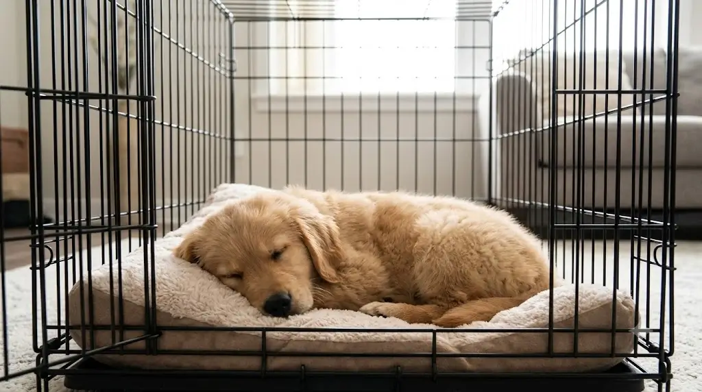 Small puppy in a correctly sized dog crate resting comfortably