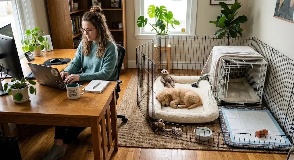 A person sits at a desk working on a laptop, while a golden retriever puppy rests in a nearby exercise pen containing a crate and a potty pad