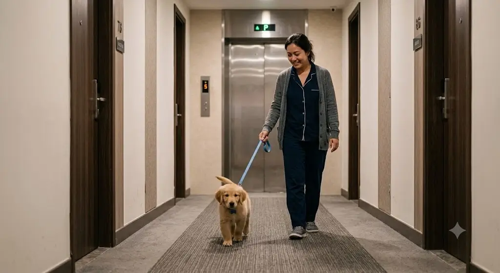 Dog owner leading a puppy on a leash down an apartment hallway toward the elevator