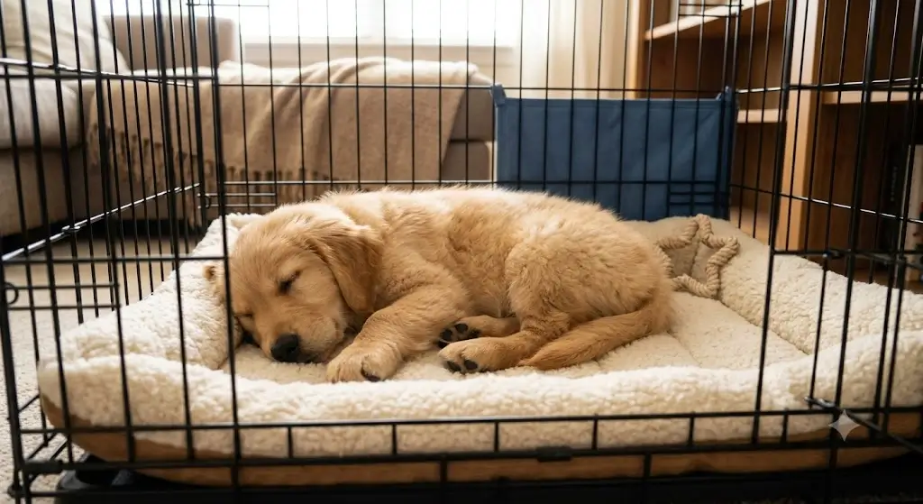 Young golden puppy peacefully sleeping on a soft bed inside a wire crate
