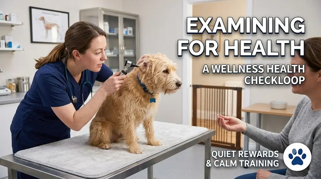 Veterinarian examining an adult rescue dog during a wellness health check