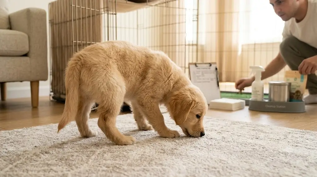 Puppy sniffing the carpet and showing subtle pre-potty body language signals