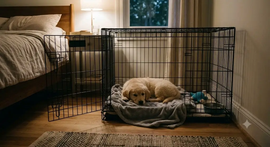 Puppy comfortably settling inside an appropriately sized crate in the bedroom for overnight house training