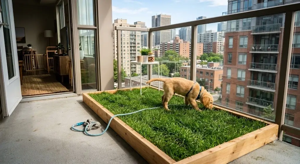 A real grass potty patch on an apartment balcony for puppy house training