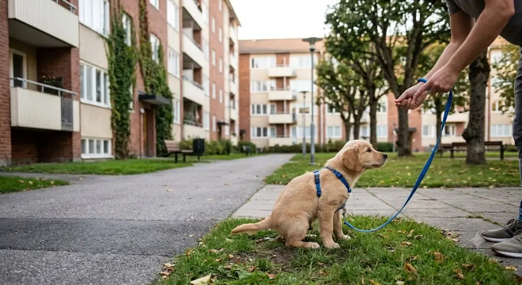 A puppy on a leash being house trained outside near an apartment building