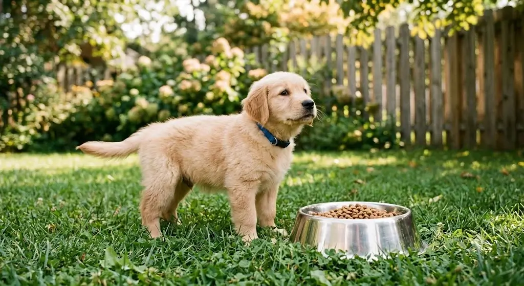 Puppy standing near a metal food bowl