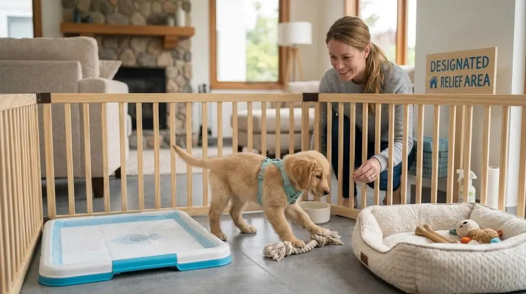 A puppy playing safely inside an indoor wooden exercise pen with a bed, toys, and pad setup