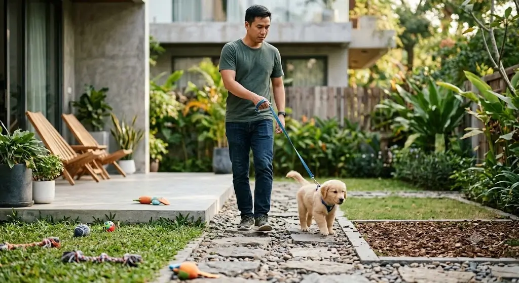 Puppy on a leash taken directly to the potty spot to prevent play