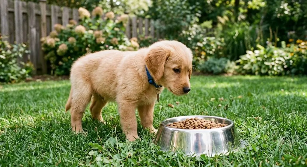 Puppy standing near a metal food bowl
