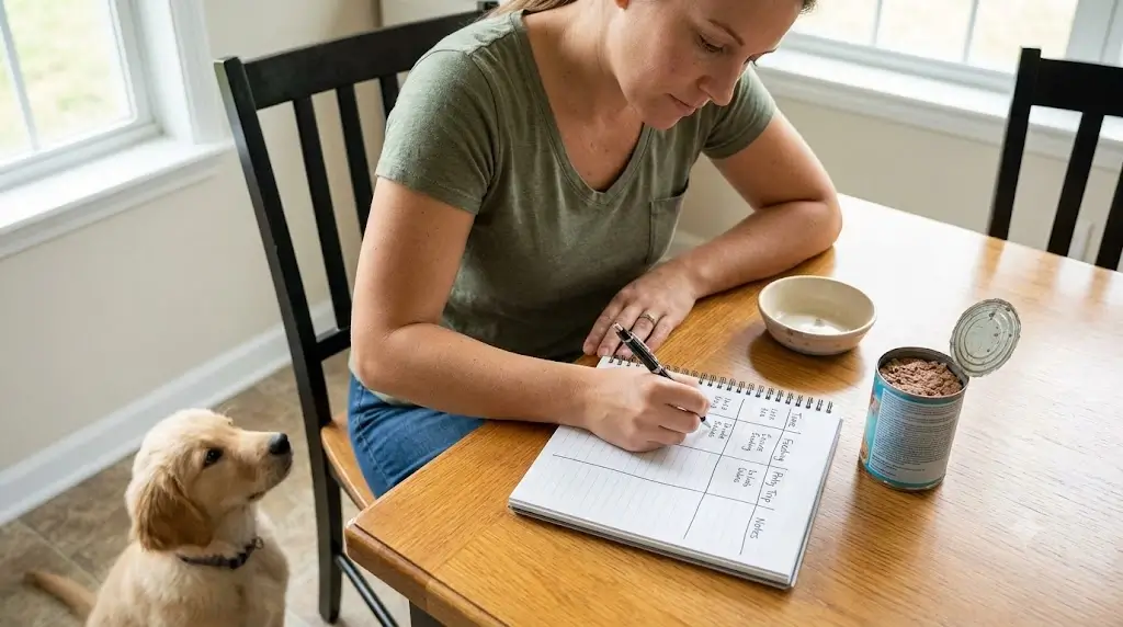 Dog owner writing down a daily puppy potty training and feeding schedule