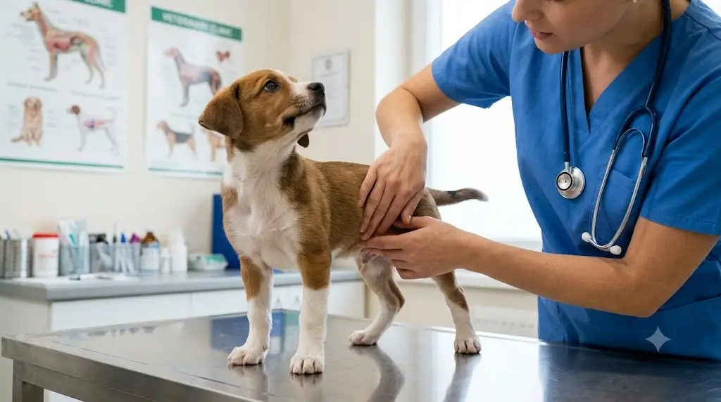 Veterinarian examining a puppy on table to rule out urinary issues
