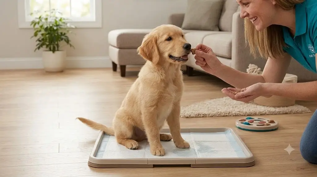 Owner immediately offering a tasty treat reward to a puppy sitting on a pee pad after successful use