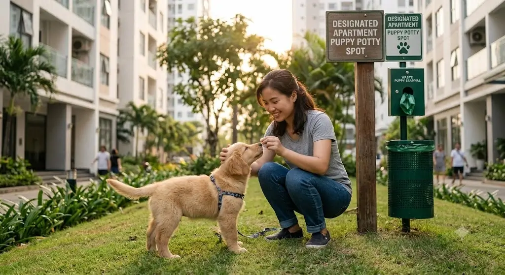 Owner giving a puppy a treat reward at an apartment complex designated dog relief area