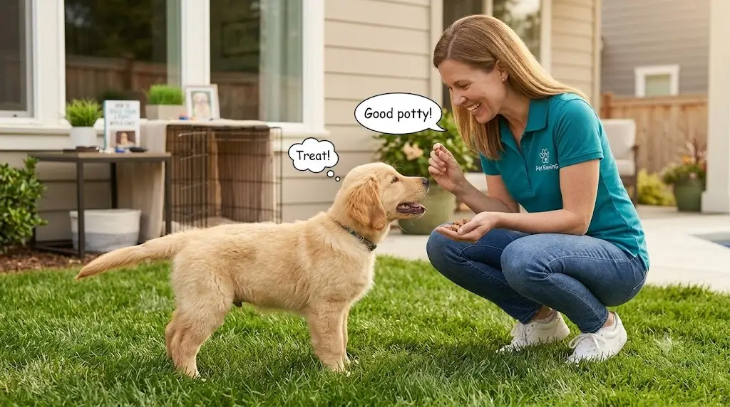 Owner rewarding a puppy on grass with treats and praise after successful potty