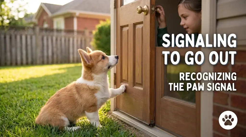 Puppy sitting by door signaling the need to go outside